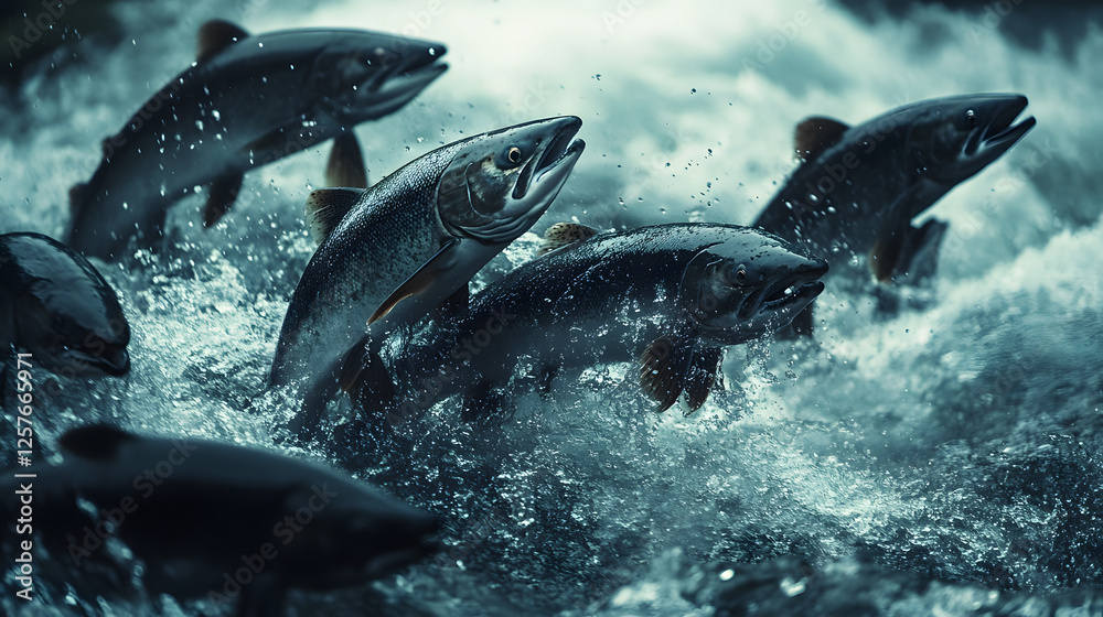 Fototapeta premium Salmon leaping waterfall river nature wildlife