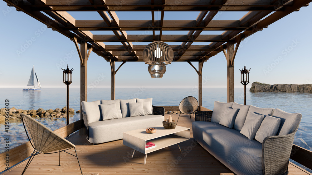 Fototapeta premium 3D render of a wooden pergola next to the sea