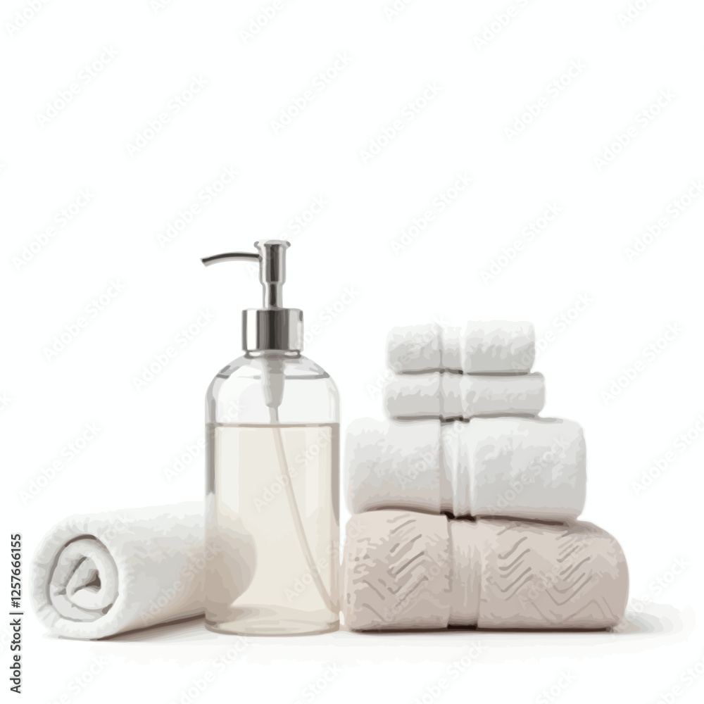 A clean display of fluffy white towels stacked alongside a transparent liquid dispenser, symbolizing relaxation, hygiene, and wellness. A clean display of fluffy white towels stacked alongside a transparent liquid dispenser, symbolizing relaxation, hygiene, and wellness.