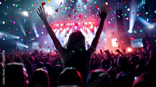 Woman on her back turned and arms raised in the audience of a concert full of colored lights and confetti