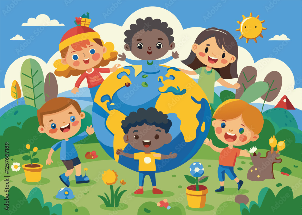 Happy Earth Day! Diverse Kids Playing Outdoors, Eco Fun park grass trees green Happy Earth Day! Diverse Kids Playing Outdoors, Eco Fun park grass trees green