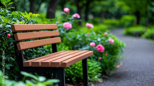 Wooden Park Bench Among Pink Roses And Lush Greenery