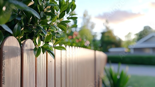 Wooden Picket Fence With Lush Plants In Residential Yard