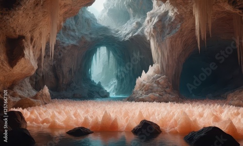 Cave, fantasy world, fluffy cave made of peach crystals