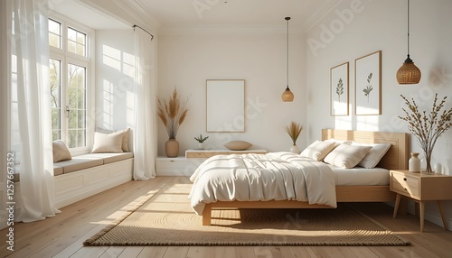 Scandinavian bedroom with natural wood flooring, linen bedding, and sheer white curtains casting warm daylight across a tranquil space
