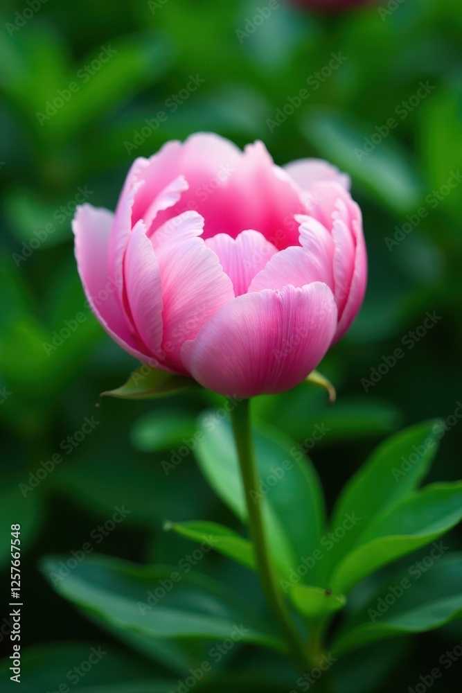Soft pink peony petals unfurl against a lush green background, nature photography, spring blooms, garden scenery Soft pink peony petals unfurl against a lush green background, nature photography, spring blooms, garden scenery