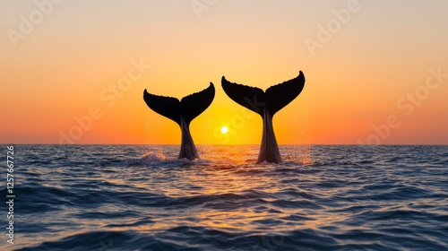 Two whale tails fluke out of the water at sunset