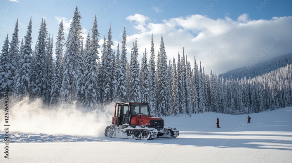 Snow-covered landscape with a snowcat vehicle and people enjoying winter activities. Snow-covered landscape with a snowcat vehicle and people enjoying winter activities.