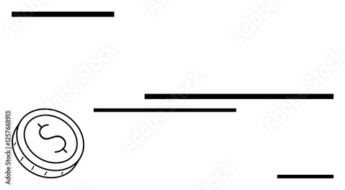 Coin with dollar sign and horizontal lines conveying movement and speed. Ideal for finance, economy, investment, banking, transactions, savings, and business. Line metaphor