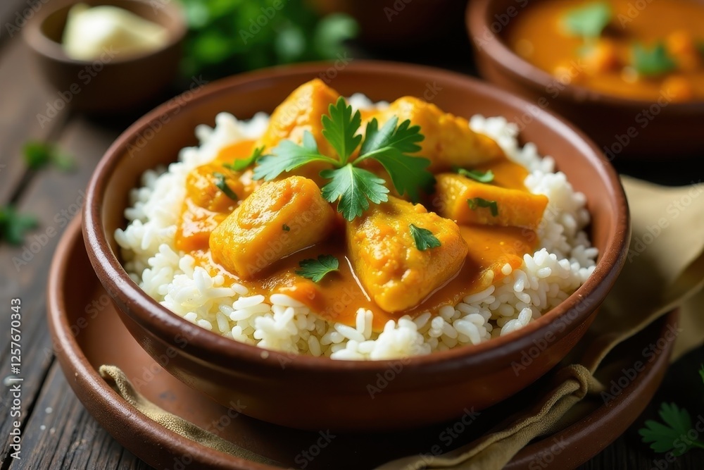 Savory Stew with Aromatic Rice and Fresh Herbs in a Rustic Bowl Savory Stew with Aromatic Rice and Fresh Herbs in a Rustic Bowl