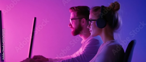 two people working at computers in neon lighting