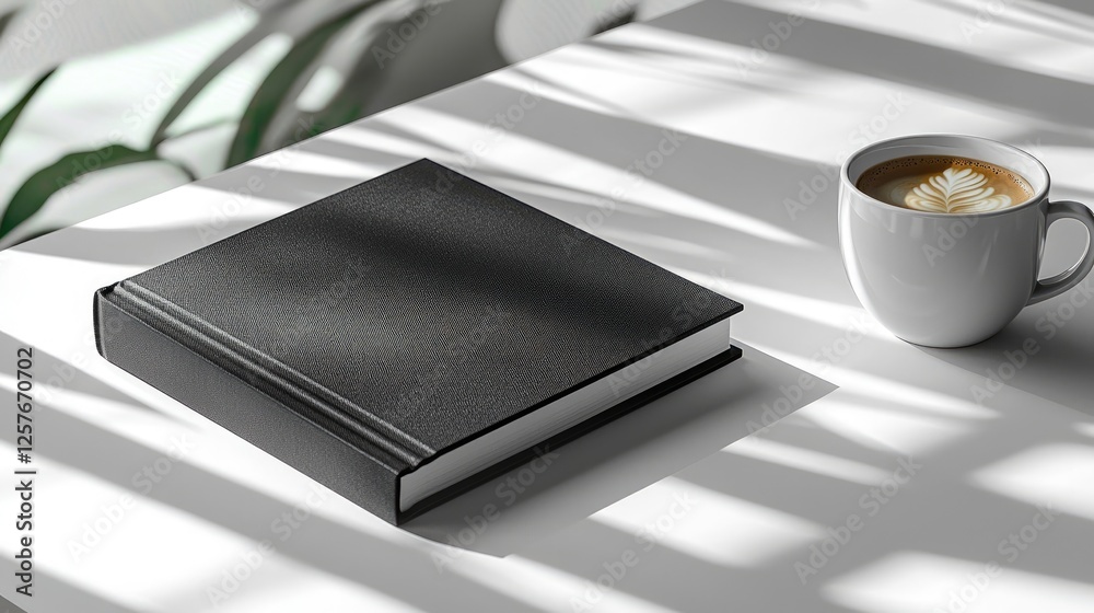 Black Leather Notebook with Coffee Cup on Bright White Table Black Leather Notebook with Coffee Cup on Bright White Table