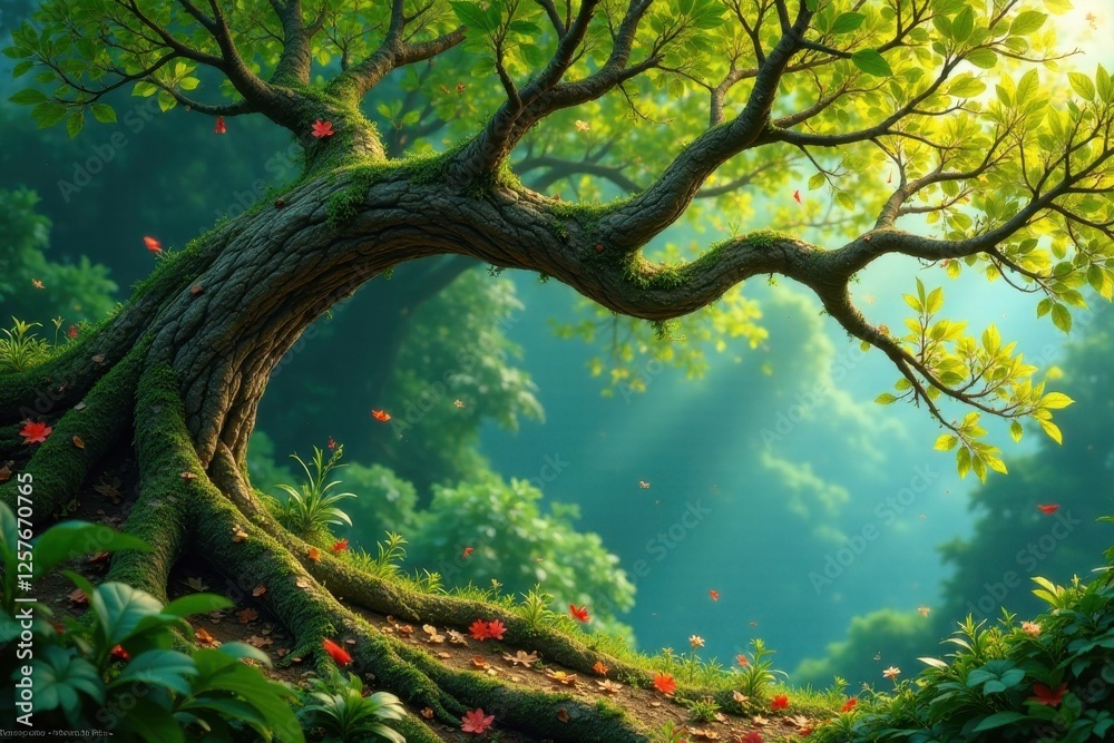 Fototapeta premium Enchanted Forest A Majestic Ancient Tree with Lush Foliage and Vibrant Blossoms Under a Soft, Dreamlike Light
