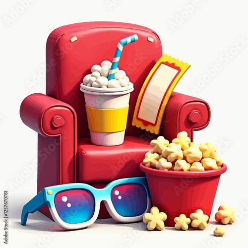  Vector illustration of a comfy cinema chair, popcorn, soft drink, 3D glasses, and movie ticket. Great for entertainment and movie night promotions.