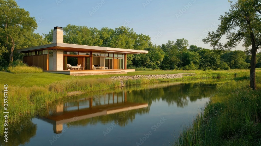 Fototapeta premium Modern house lakeside serene landscape summer