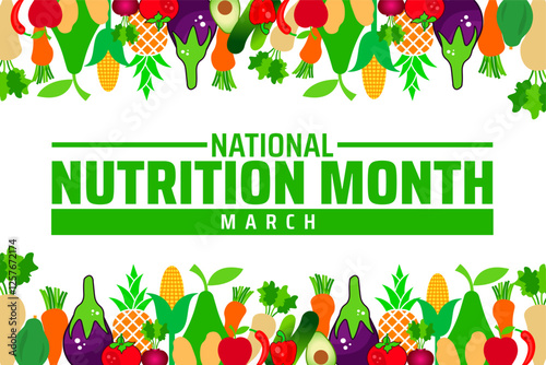National Nutrition Month background banner or poster design template. observed every year in March. Holiday concept. Use to any Template, card, poster, placard, template.