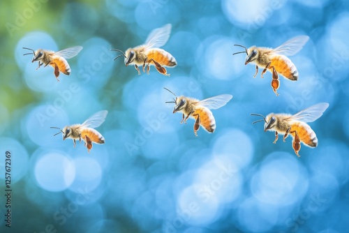 Bienen-Schwarm im Flug, einige mit Pollen, andere ohne photo