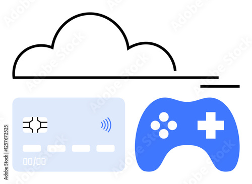 Cloud outline above a credit card and game controller symbolizes online gaming, digital payments, and cloud services. Ideal for technology, e-commerce, entertainment. Abstract line flat metaphor