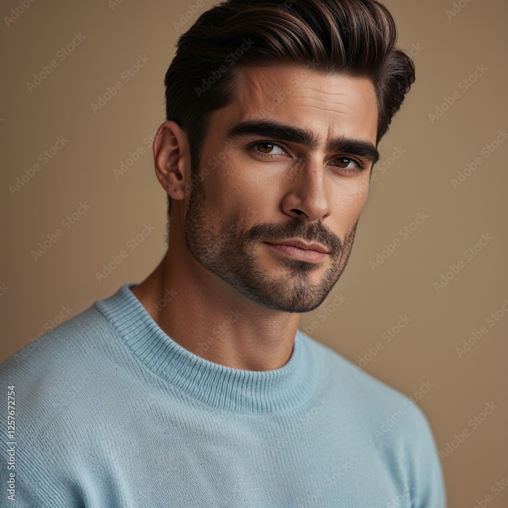 Obraz premium Portrait Of A Young Man In A Light Blue Sweater Against A Soft Neutral Background With A Subtle Expression. Featuring Facial Details And Stylish Attire. Shot In A Modern Setting. Focusing On