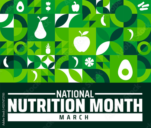 National Nutrition Month background banner or poster design template. observed every year in March. Holiday concept. Use to any Template, card, poster, placard, template.
