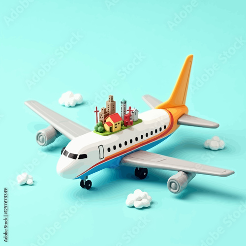 Whimsical illustration of an airplane with a travel brochure, perfect for tourism, vacation planning, and travel-related projects.