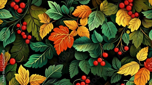 Creating detailed seamless patterns of leaves and berries in nature illustrated content for textile design vibrant colors and textures