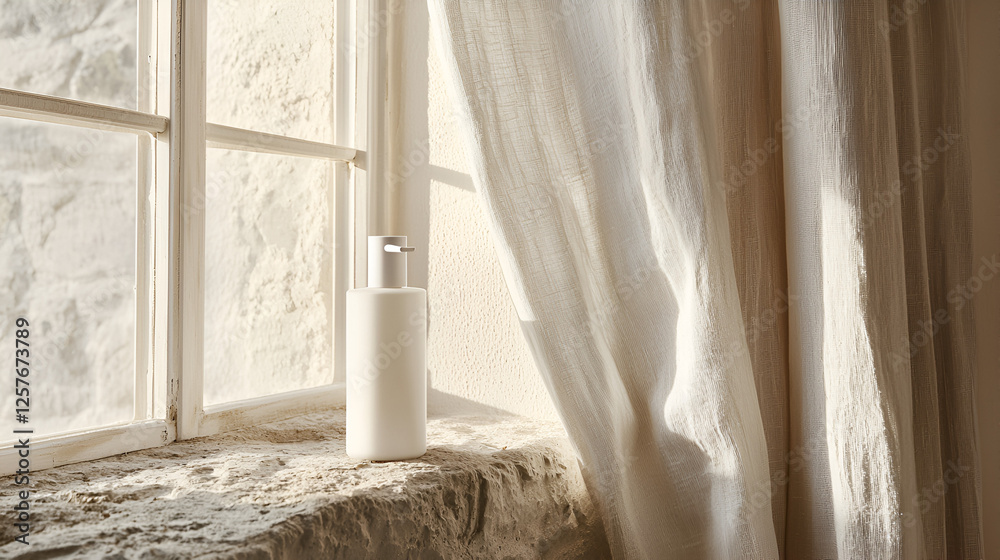 Modern cream lotion pump bottle is showcased on a windowsill with sheer curtains in the background. Modern cream lotion pump bottle is showcased on a windowsill with sheer curtains in the background.