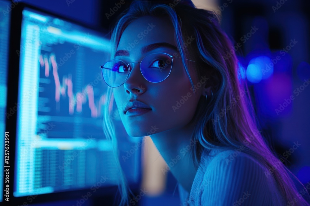 A beautiful young woman gazing intently at the screen of her computer, which displays stock market charts. A beautiful young woman gazing intently at the screen of her computer, which displays stock market charts.
