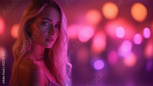 blonde pretty woman in neon light
 photo