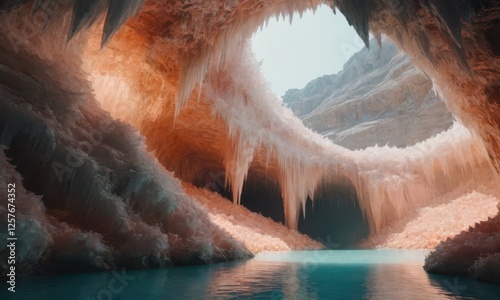 Cave, fantasy world, fluffy cave made of peach crystals
