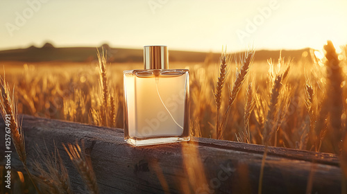 Elegant fragrance bottle amidst golden wheat fields at sunset, capturing natural essence and serene ambiance.