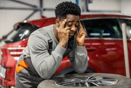 Multiracial car service worker leaning on pile of tires at mechanic workshop and rubbing his head because of headache.