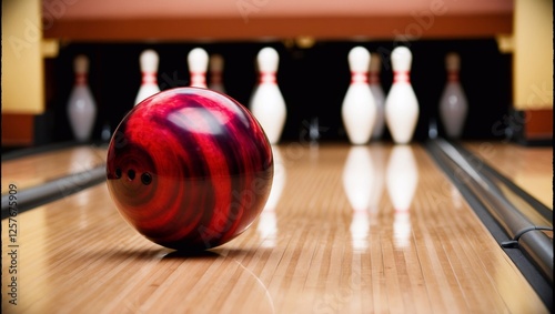 A bowling ball on a lane, with blurry pins in the background. Sport banner