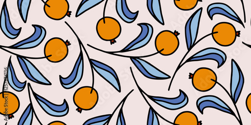 Vector seamless pattern with mandarins. Hand drawn textures. Modern abstract design for paper, cover, fabric, interior decor and other users.