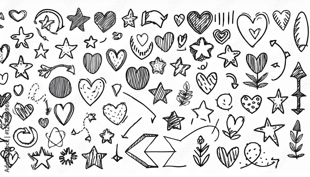 Fototapeta premium líneas de dibujo estrella, flecha, elemento de decoración del corazón icono conjunto. Dibujo a mano dibujado doodle linda estrella, énfasis, elemento de flor. Icono de forma de decoración