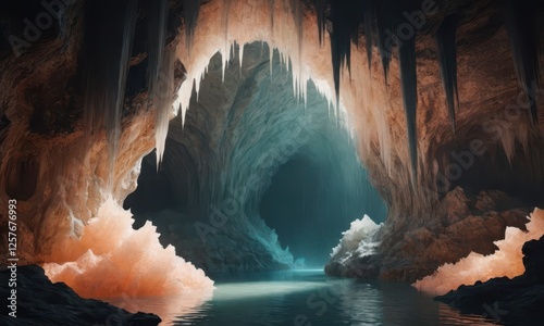 Cave, fantasy world, fluffy cave made of peach crystals