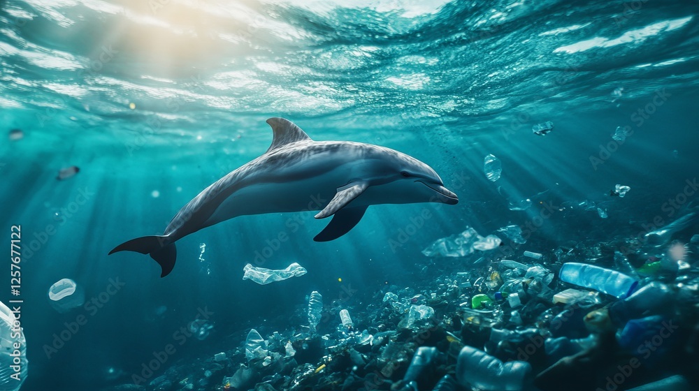 Naklejka premium Dolphin swimming through a sea of plastic waste underwater environmental impact ocean habitat marine life awareness campaign