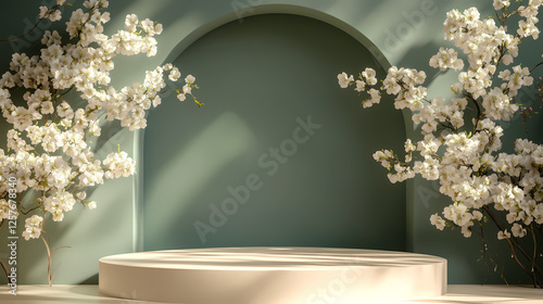 Circular Platform with Green Arch and Cherry Blossoms