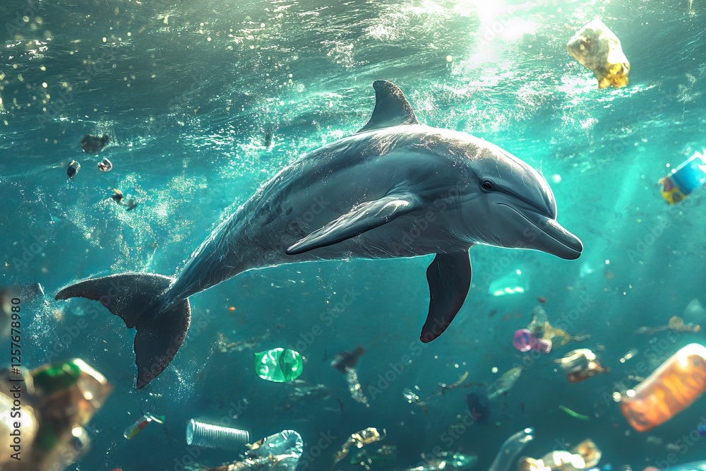 Obraz premium Dolphin navigating through ocean plastic pollution underwater world environmental impact marine life conservation perspective