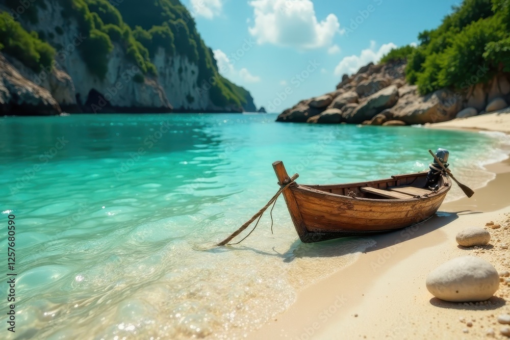 Serene Coastal Scene Wooden Rowboat on Pristine Sandy Beach with Crystal-Clear Turquoise Water and Lush Green Cliffs Serene Coastal Scene Wooden Rowboat on Pristine Sandy Beach with Crystal-Clear Turquoise Water and Lush Green Cliffs