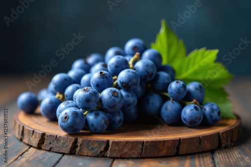 Wallpaper Mural A cluster of ripe, dark-blue grapes rests on a rustic wooden board, showcasing their vibrant color and natural texture, enhanced by a few fresh leaves. Torontodigital.ca