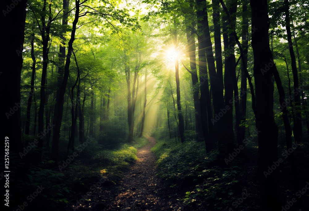Obraz premium Sunlit Forest Path: Serene Woodland Scene with Light Rays Streaming Through Trees