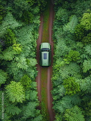 Scenic Overhead View of a Vehicle Navigating a Curved Road Through Dense Greenery, Generative AI photo