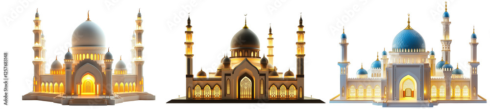 Obraz premium Set of an illuminated mosque at night, symbolizing Ramadan nights, isolated on a transparent background.