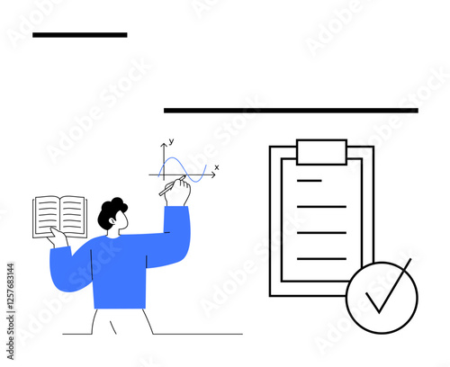 Person holding book while analyzing graph large checklist with tick mark. Ideal for education, data analysis, productivity, planning, project management, organization, abstract line flat metaphor