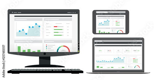 Various devices with a program interface on the display. Monitor, laptop and tablet with a program interface
