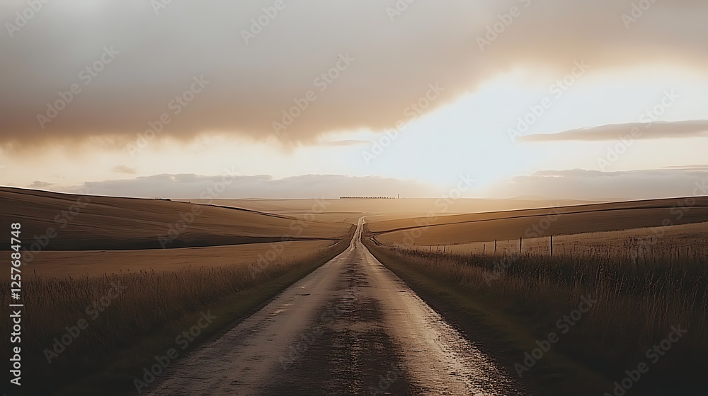 Fototapeta premium Sunset drive through serene countryside rural landscape scenic photography tranquil environment wide angle view