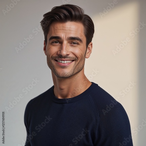 Smiling Man In Dark Blue Sweater Against Neutral Background With Soft Natural Lightlighting. Portrait Shot. Casual Style. Happy Emotion. Well-Groomed Appearance. Studio Photography. Indoor Setting