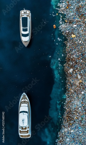 A lake full of plastic bottles and luxury yachts side by side photo