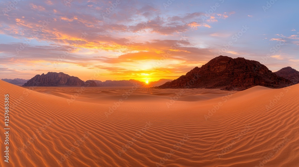 Fototapeta premium Desert Sunrise Panorama, Dunes, Mountains